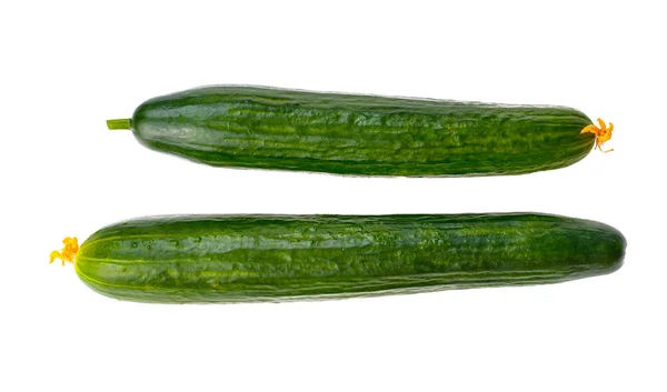 Bovenaanzicht Van Twee Lange Komkommers Geïsoleerd Witte Achtergrond — Stockfoto