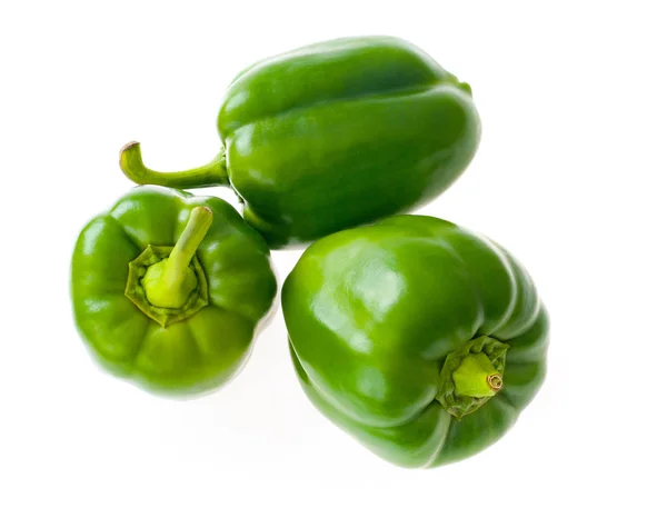 Φρέσκα Λαχανικά Τρεις Γλυκές Πράσινες Πιπεριές Που Απομονώνονται Λευκό Φόντο — Φωτογραφία Αρχείου