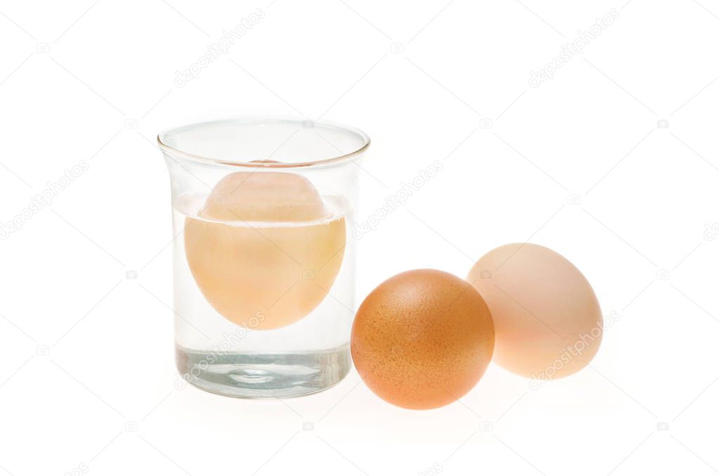 Floating eggs in transparent glass bowl of water. Egg freshness 