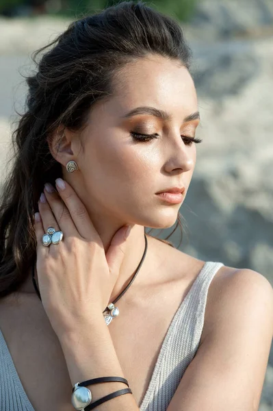 Zomer Portret Het Strand Jonge Mooie Meisje — Stockfoto