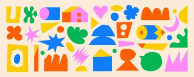 Retro izometrik geometrik şekiller çizilmiş. Kalp, kalem, ev, piramit, silindir, yıldız gibi temel figürlerin eğlenceli ve eğlenceli bir koleksiyonu. Eğitim materyalleri, posterler, yaratıcı tasarım için