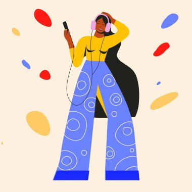 Kulaklıklı genç bir kadının modern düz vektör çizimi, podcast, sesli kitap ya da çevrimiçi müzikten hoşlanıyor. Renk paleti. Rahatlama, dijital yaşam tarzı ve çevrimiçi iletişim kavramı