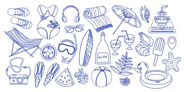 Plaj partisi tasarımı için el yapımı klasik yaz karalama koleksiyonu. Kartlar, çıkartmalar ve yaz indirimi afişleri için mükemmel tatil temalı unsurlar içerir. Dolce vita tarzı illüstrasyon.