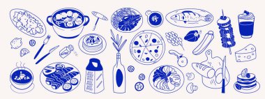 Çeşitli Akdeniz yiyecek ve içeceklerinden oluşan el yapımı bir set. Vektör illüstrasyonu.