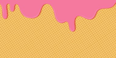 Damlayan pembe jöleli ve çıtır waffle soslu dondurma külahı çizimi. Tatlı ve renkli arka plan konsepti. Vektör illüstrasyonu.