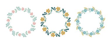 Bahar çiçeklerinin çerçevesi hazır. Dalları, yaprakları ve çiçekleri içeren el yapımı botanik çelenkler. İzole edilmiş vektör çizimleri düğün davetiyeleri, kartlar ve logolar için mükemmel.