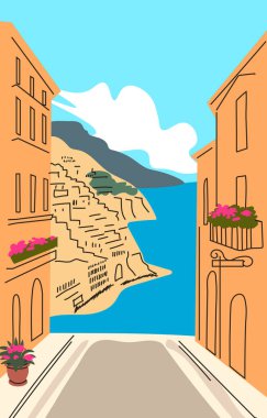 İtalyan Amalfi Sahili 'nin sokaklarından deniz manzarasının poster çizimi. Modern daire vektör tasarımı, seyahat projeleri, duvar dekorasyonu ve turizm temaları için mükemmel