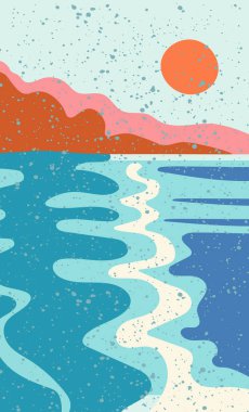 Güneş batarken soyut bir şekilde deniz kıyısı ve dağların son moda vektör çizimi. Grunge desenli modern minimalist tasarım. Posterler, iç dekorasyon, doğa hakkındaki projeler, seyahat temaları