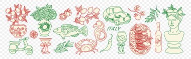 İtalya yaz tatili çizimleri. El yapımı Akdeniz plaj çıkartması seti. Vektör İtalyan geleneksel gıda baskısı, Amalfi kıyı estetik baskısı, scooter, araba, şarap kadehi.