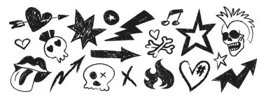 Grunge punk karalama ikonu seti. El yapımı kafatasları, yıldırımlar, oklar, kalpler ve kalemler şeklinde alevler. Emo, gotik ve rock estetiği. Kenarlı tasarımlar ve trend için kömür eskiz elementleri