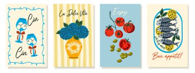 Yaz İtalya. Domatesli, zeytinli, lahanalı, içkili ve ortancalı bir vazo. Akdeniz yemeği, kültür ve seyahat temalı grafikler. Vektör illüstrasyonları.