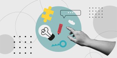 Mantık ve eleştirel düşünce üzerine moda bir kolaj. Yapboz, ampul, anahtar ve kalemle çizilmiş elementler yaratıcılığı ve fikirleri sembolize ediyor. Modern tasarım projesi için çağdaş vektör çizimi