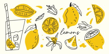 El yapımı limon, limon dilimleri, limonata. Robot resim tarzında tropik meyve karalamaları. Yaz tasarımları, su, meyve suyu ve detoks içki temaları için mükemmel. Vektör illüstrasyonu.