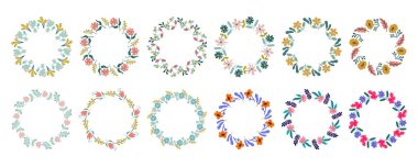 Basit, minimalist tarzda bir çiçek çember çerçevesi seti. Parlak retro çiçekli botanik çelenkler. Düğün davetiyeleri, kartlar, logolar ve dekoratif tasarım için mükemmel vektör çizimleri