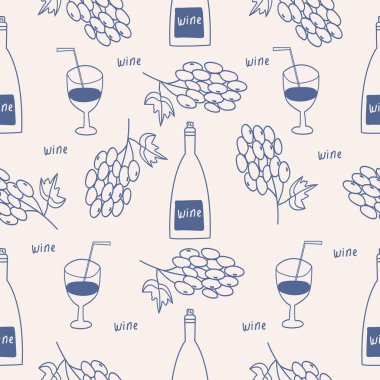 La Dolce vita, şarap şişesi, bardak ve üzümle kusursuz desenler çiziyor. İtalyan tarzı el çizimi posterlerin açık bej renkli vektör illüstrasyonunda mavi. Davetiyeler için duvar resimleri dekoru, menü tasarımı
