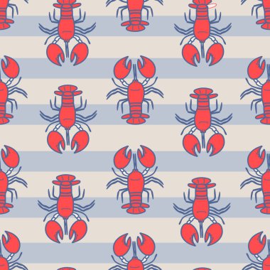 Elle çizilmiş ıstakozlarla kusursuz klasik desen. Deniz ürünleri, restoran dekorasyonu, mutfak tasarımları, duvar kâğıdı ve mutfak temalı baskılar için mükemmel..