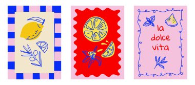 Dolce vita tarzında limonlu el yapımı klasik posterler. Klasik İtalyan estetiğinden esinlenilmiş vektör çizimleri. Davetiyeler, menü tasarımları, brea gibi yemek temalı kavramlar için idealdir