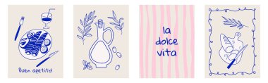 Dolce Vita tarzında el yapımı vintage posterler. Klasik İtalyan estetiğinden esinlenilmiş vektör çizimleri. Davetiyeler, menü tasarımları, kahvaltı, öğle yemeği gibi yemek temalı kavramlar için ideal..