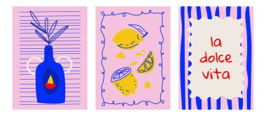 Dolce vita tarzında limonlu el yapımı klasik posterler. Klasik İtalyan estetiğinden esinlenilmiş vektör çizimleri. Davetiyeler, menü tasarımları, brea gibi yemek temalı kavramlar için idealdir