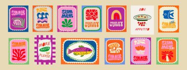 İtalyan Akdeniz yaz posta pulları modayı takip ediyor. Plaj, limon, güneş, çiçekler, dalgalar karalama, makarna, konserve sardalya, ıstakoz, balık, simgeler ve çıkartmalar için deniz..