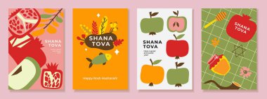 Rosh Hashanah tebrik kartı ve afiş seti. Modern moda sanat tarzında, el çizimi elma ve nar ile Yahudi Yeni Yıl vektör tasarımı. Kapak, web ve sosyal medya için mükemmel.