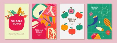 Rosh Hashanah tebrik kartı ve afiş seti. Modern moda sanat tarzında, el çizimi elma ve nar ile Yahudi Yeni Yıl vektör tasarımı. Kapak, web ve sosyal medya için mükemmel.