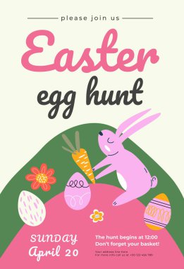 Paskalya yumurtası posteri ya da davetiye şablonu. Çocuk etkinlikleri, festival davetiyeleri ve Paskalya temalı tasarımlar için mükemmel. Vektör illüstrasyonu.