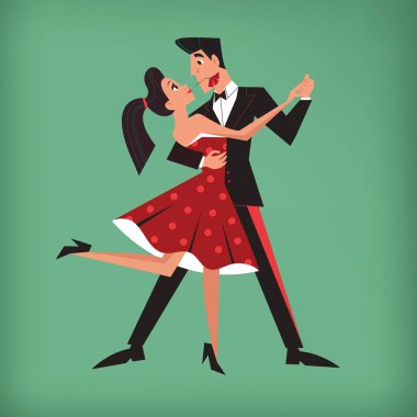 Dans eden çift. Çizgi film karakterleri. Dans hareketinde şık giyinmiş insanlar. Flört, aşk, ilişki, flört, eğlence, tutku konsepti. El çizimi Vektör illüstrasyonu.
