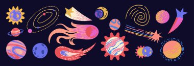 Renkli gezegenler ve kuyrukluyıldızlarla dolu bir uzay koleksiyonu. El çizimi kozmik simgeler, çocuk tarzında, kalem desenli. Çocuk tasarımları için eğlenceli ve eğlenceli dış uzay çizimleri.