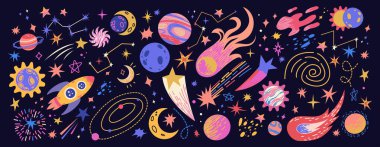Renkli gezegenler ve kuyrukluyıldızlarla dolu bir uzay koleksiyonu. El çizimi kozmik simgeler, çocuk tarzında, kalem desenli. Çocuk tasarımları için eğlenceli ve eğlenceli dış uzay çizimleri.