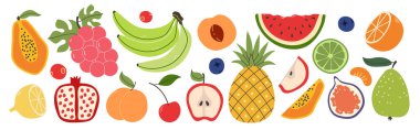 Farklı meyve ve böğürtlen seti. Organik vitamin ve sağlıklı besin toplama. İzole edilmiş muz, karpuz, şeftali, elma, limon, kiraz, armut, üzüm. Düz dizayn, karalama tarzı. Vektör