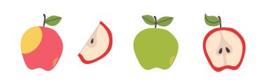 Soyut elma seti. Basit elma. Meyve suyu, meyve suyu veya sağlıklı yiyecekler için organik tropikal meyve. İç mekan, poster, afiş için meyve koleksiyonu tasarımı. Beyaz arkaplanda vektör illüstrasyonu.