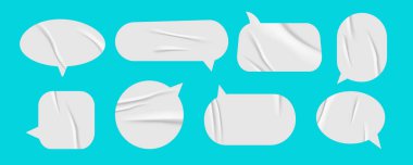 Modern konuşma ve düşünce kabarcıkları, buruşuk çıkartmalar ve kopyalama alanı. Gerçekçi bir doku. Okul temalı tasarımlar için mükemmel. Vektör illüstrasyonu.