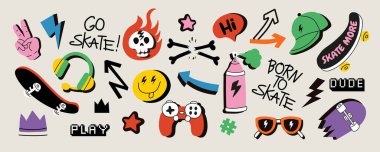 Kaykay rozetleri, çıkartmalar. Kaykaylı vektör çizimleri, gülen yüzler, yıldırımlar, oyun kontrolörleri, barış işaretleri, güneş gözlükleri ve daha fazlası. Sokak kıyafetleri ve gençlik tasarımları için mükemmel.