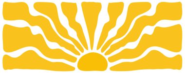 Güneş retro arka planı harika. Dalgalı bir patlama. 60 'lı yaşlarda, 70' li yaşlarda. Düz Matisse görünümlü yazlık afiş. Vintage titreşim için vektör pop sanatı.