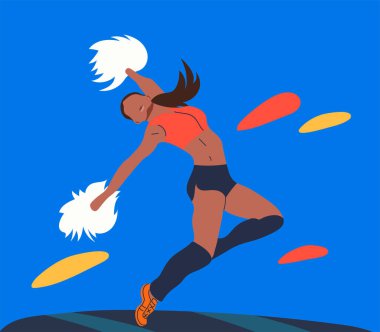 Ponpon kızlarla dans eden ponpon kız. Ponpon tutan, dans eden ve yarışmaya katılan amigo kız. Karakter. Düz vektör illüstrasyonu.  