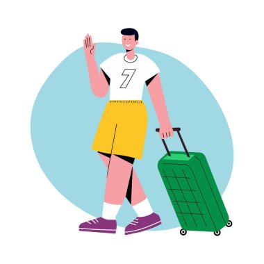 Elinde bavulla yürüyen genç bir adamın vektör çizimi. Modern daire tasarımı seyahat reklamları, turizm afişleri ve tatil temalı projeler için mükemmeldir..