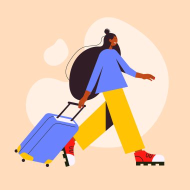 Elinde bavulla yürüyen genç bir kadının vektör çizimi. Şık bir bayan gezgin. Modern daire tasarımı seyahat reklamları, turizm afişleri ve tatil temalı projeler için mükemmeldir..