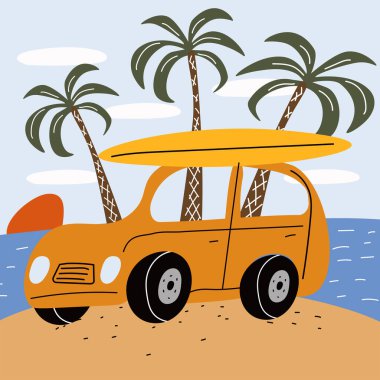 Tropik sahilde sörf tahtası olan parlak bir çizgi film arabası. Palmiye ağaçları, okyanus ve yaz atmosferli çocuk tarzında düz vektör çizimi. Çocukların tasarımları, posterleri ve tatilleri için mükemmel.