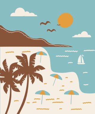 Palmiye ağaçları, plaj şemsiyeleri, yelkenli ve okyanus manzaralı tropikal plajın temsilcisi. Yaz deniz manzarası posterler, seyahat reklamları, tişörtler ve tatil temalı projeler için mükemmel..