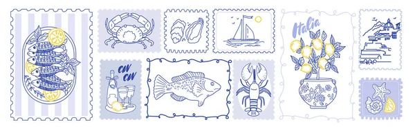 Limonlu ve Amalfi plajlı İtalya damgası. Klasik kartpostal stili vektör çizimi. Deniz, ıstakoz ve kıyı tatili temalı geçmişe yolculuk tasarımı.