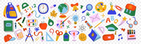 Sırt çantası, cetvel, kalemler, boyalar, kitaplar, dünya ve daha fazlası ile okul vektörüne dönüş. Çocuk eğitim tasarımları için renkli düz çizimler.