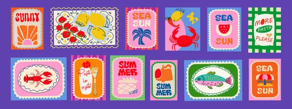 İtalyan Akdeniz yaz posta pulları modayı takip ediyor. Plaj, limon, güneş, çiçekler, dalgalar karalama, makarna, konserve sardalya, ıstakoz, balık, simgeler ve çıkartmalar için deniz..