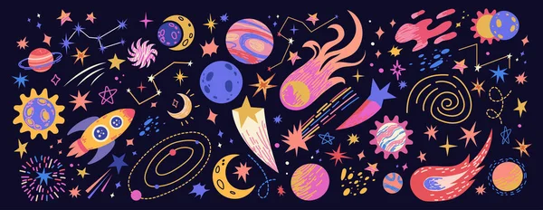 Renkli gezegenler ve kuyrukluyıldızlarla dolu bir uzay koleksiyonu. El çizimi kozmik simgeler, çocuk tarzında, kalem desenli. Çocuk tasarımları için eğlenceli ve eğlenceli dış uzay çizimleri.