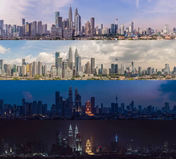 Mañana por la tarde Noche de Noche. Cuatro horas del día. skyline Kuala Lumpur, vista de la ciudad, rascacielos con un hermoso cielo —  Fotos de Stock