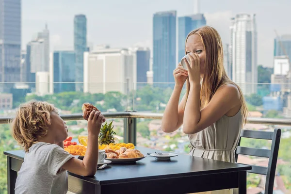 Happy Family Having Breakfast Balcony Breakfast Table Coffee Fruit Bread — Stock Photo, Image