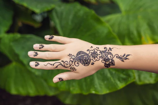 Imagem Mão Humana Decorada Com Tatuagem Henna Mehendi Mão Feminina — Fotografia de Stock