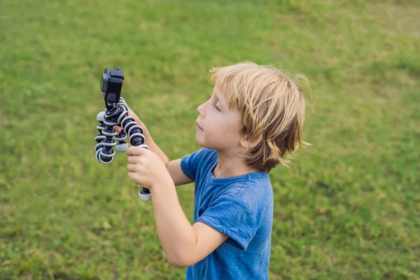 Little Boy Shoots Video Action Camera Background Green Grass — Stock Photo, Image