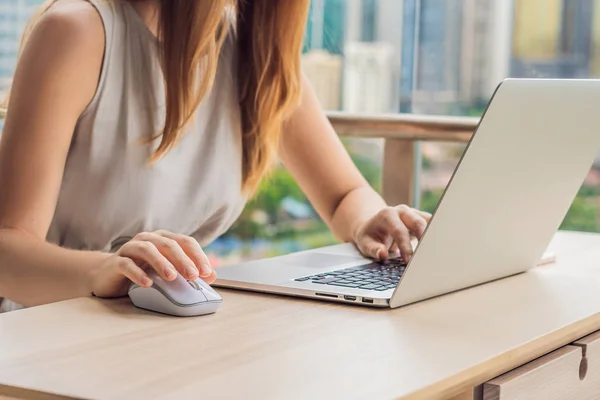 Young Woman Working Laptop Balcony Overlooking Skyscrapers Freelancer Remote Work — Stock Photo, Image