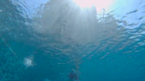 Fotografía submarina en cámara lenta de un hombre que nada sobre la cámara — Vídeo de stock